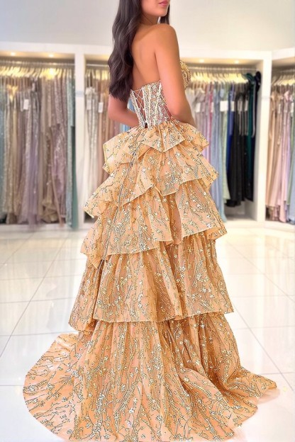 Elegante Abendkleider Lang Gold Spitze Ballkleider mit Glitzer