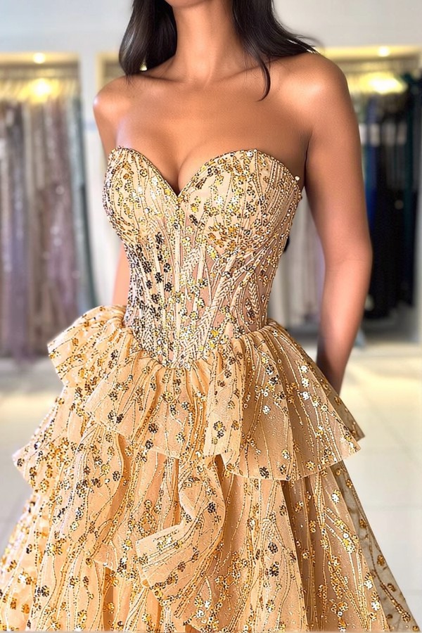 Elegante Abendkleider Lang Gold Spitze Ballkleider mit Glitzer