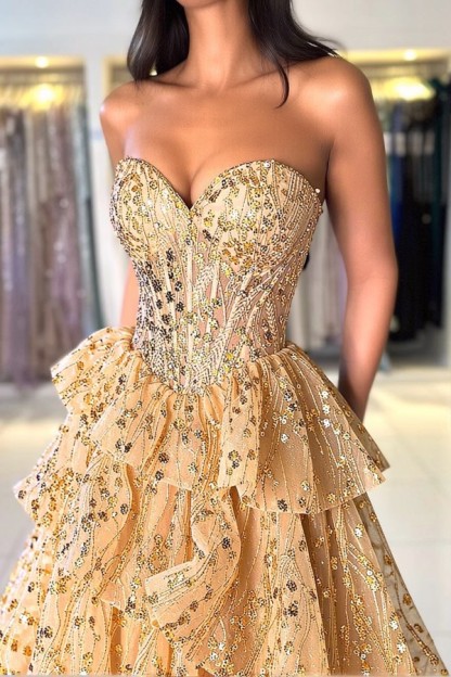 Elegante Abendkleider Lang Gold Spitze Ballkleider mit Glitzer