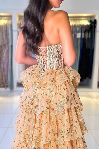 Elegante Abendkleider Lang Gold Spitze Ballkleider mit Glitzer