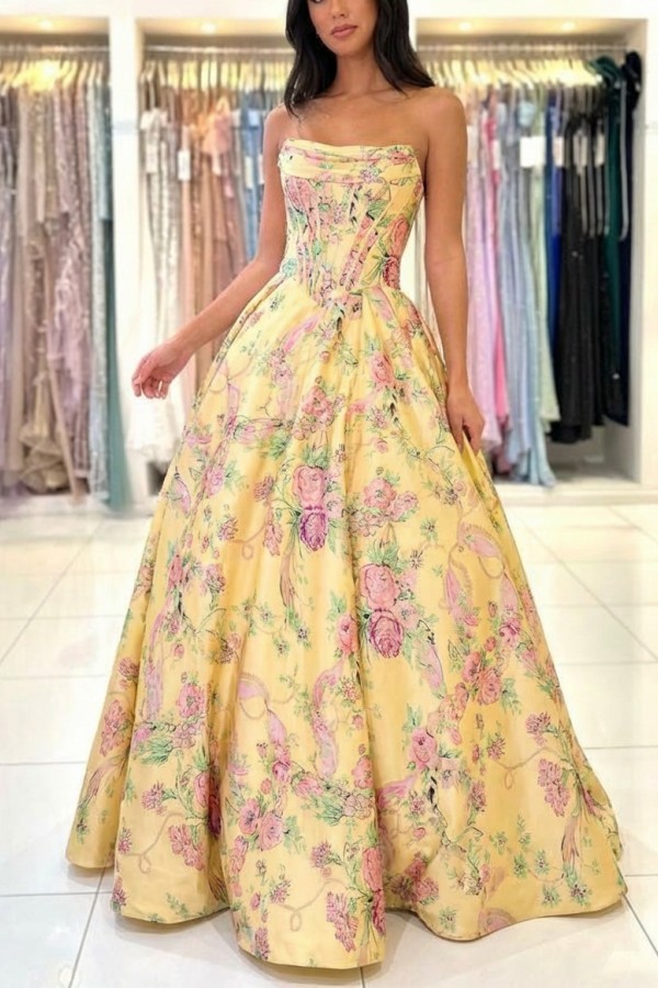 Gelb Blumen Muster Abendkleid Ballkleider Lang Günstig