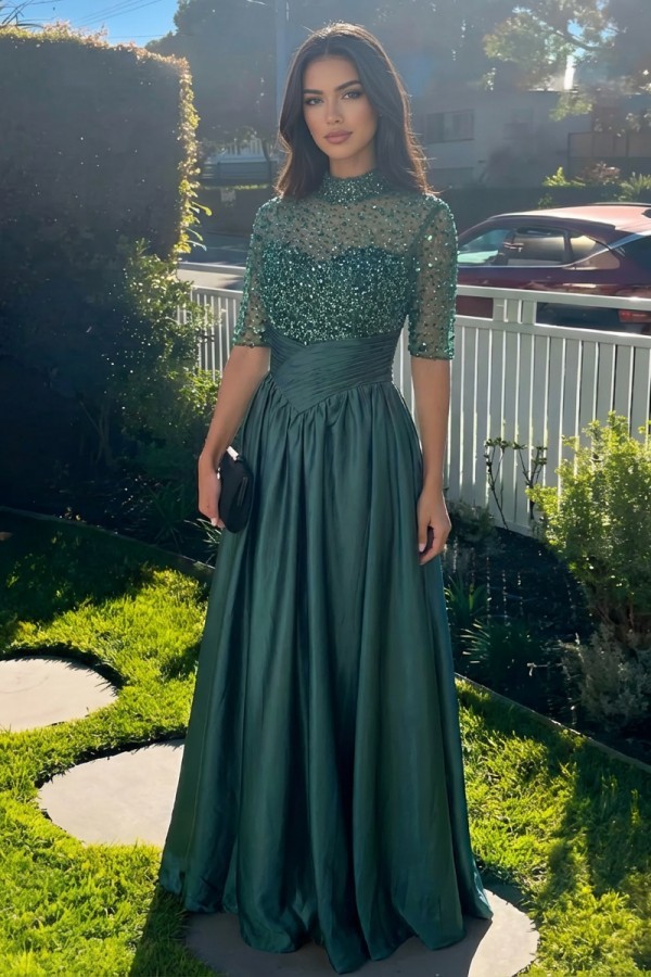 Elegante Abendkleider Lang Dunkel Grün Ballkleider Mit Glitzer