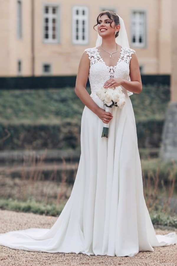 Boho Hochzeitskleider A Linie Spitze Schlicht Brautkleider Chiffon