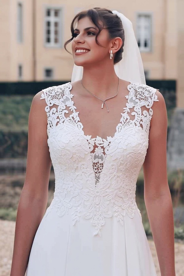 Boho Hochzeitskleider A Linie Spitze Schlicht Brautkleider Chiffon