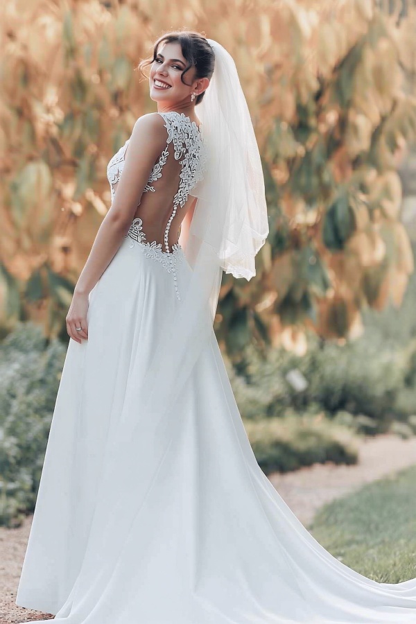 Boho Hochzeitskleider A Linie Spitze Schlicht Brautkleider Chiffon