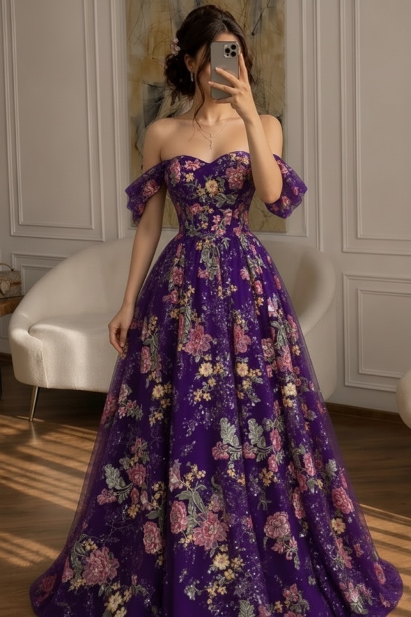 Schöne Abendkleider Lang Glitzer Ballkleider mit Blumen