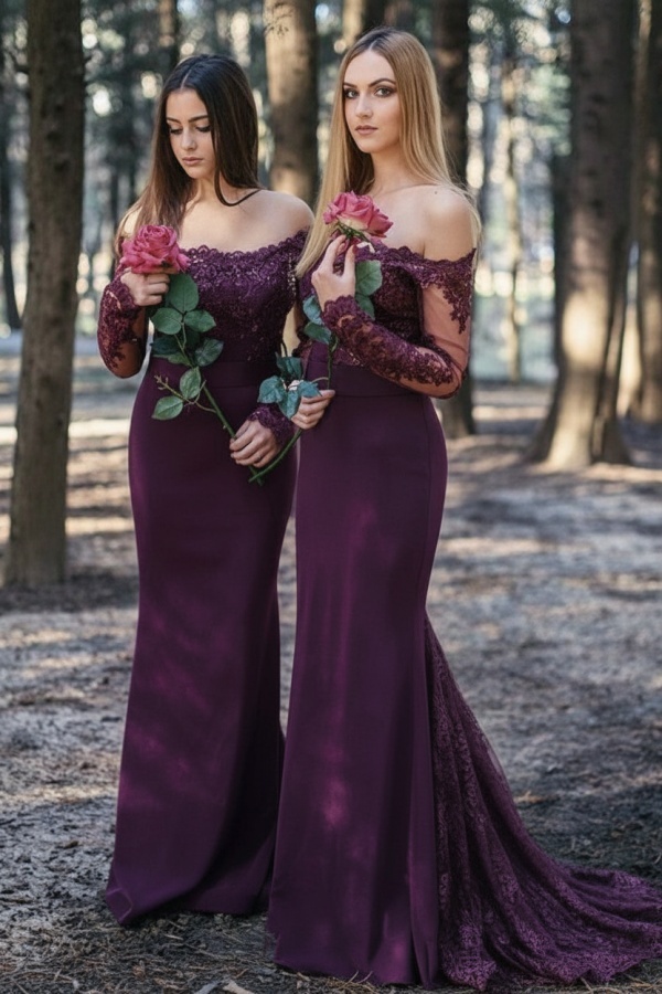 Weinrot Brautjungfernkleider Lang Günstig | Chiffon Spitze Kleider Online