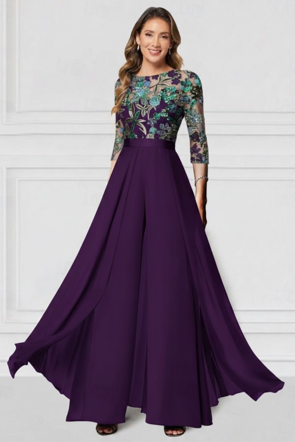 Festliche Hosenanzüge Lang Glitzer | Chiffon Schwarz Brautmutterkleider mit Ärmel