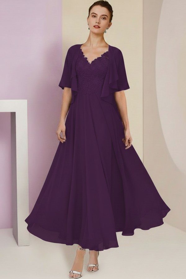 Elegant Rosa Brautmutterkleider Chiffon | Mutterkleider mit V-Ausschnitt
