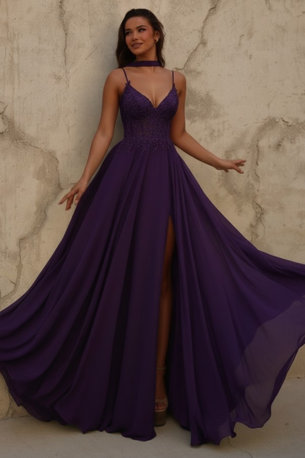 Neue Chiffon Ballkleid Lang Gelb Abendkleider mit Spitze