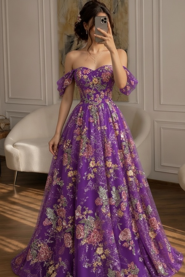 Schöne Abendkleider Lang Glitzer Ballkleider mit Blumen