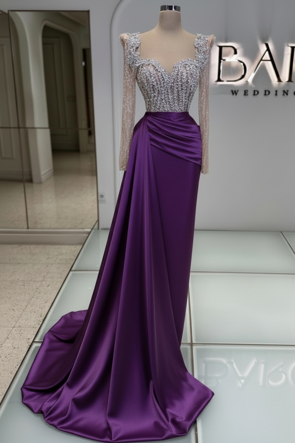 Extravagante Abendkleider Lang Purpur | Abiballkleider mit Glitzer Ärmel