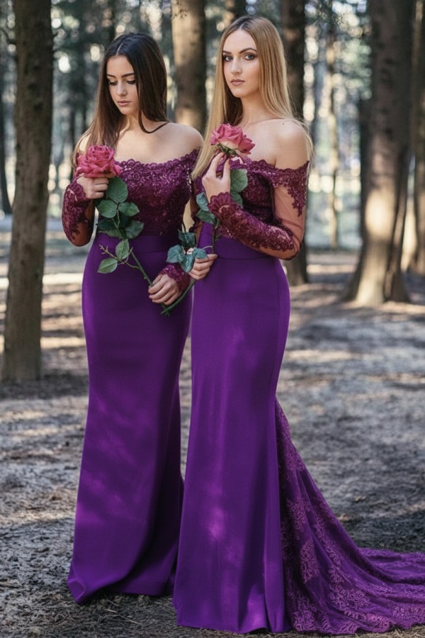 Weinrot Brautjungfernkleider Lang Günstig | Chiffon Spitze Kleider Online