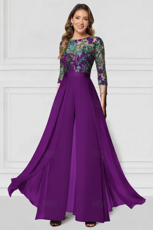 Festliche Hosenanzüge Lang Glitzer | Chiffon Schwarz Brautmutterkleider mit Ärmel