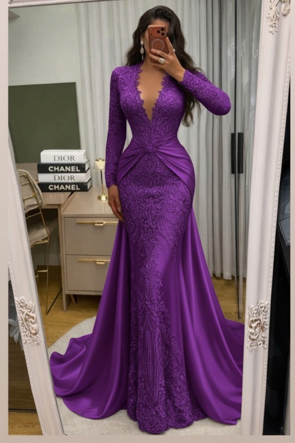 Wunderschöne Abendkleider Lang Spitze Abiballkleider mit Ärmel