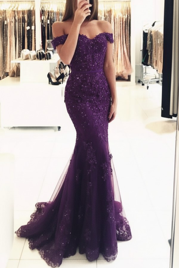 Rot Lange Abendkleider Spitze Perlen Schulterfrei Meerjungfrau Abibllkleider Partykleider BA3809