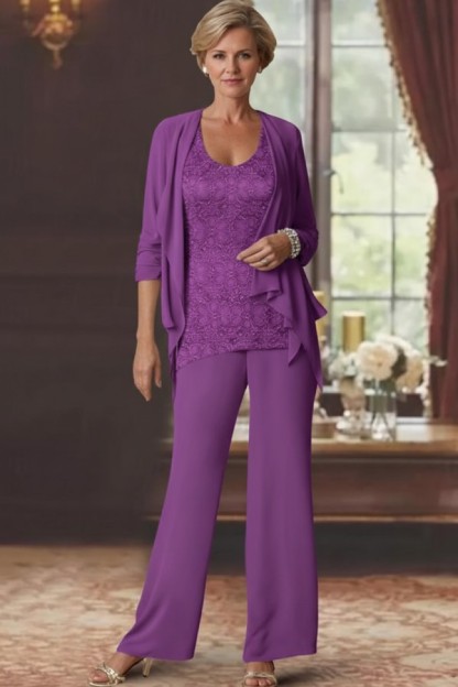 Silber Brautmutter Hosenanzug Chiffon Brautmutterkleider mit Spitze