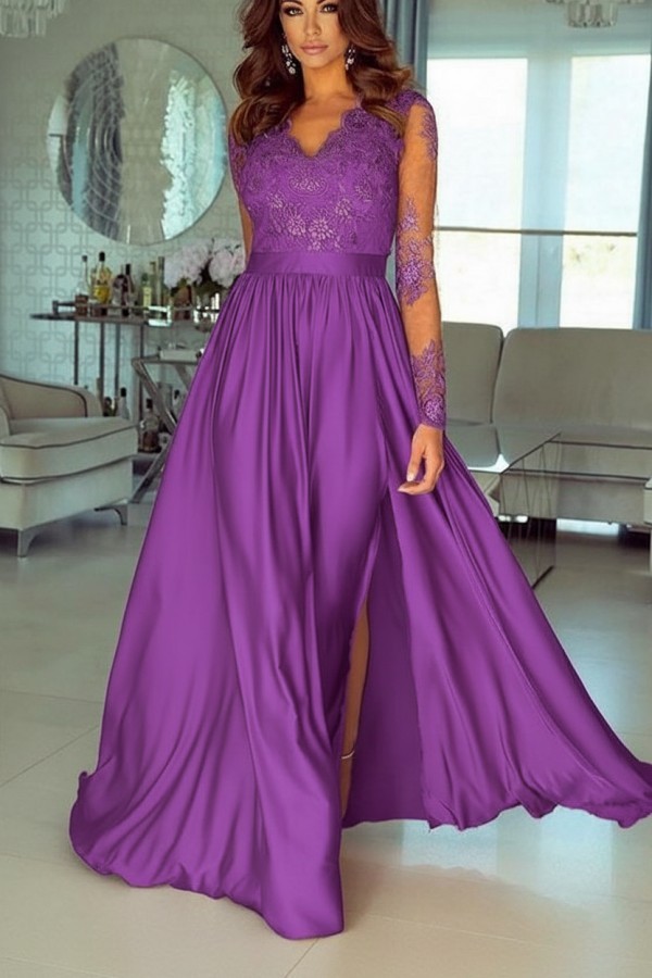 Champagne Abendkleider Lang Mit Ärmel Spitze Abendmoden Günstig