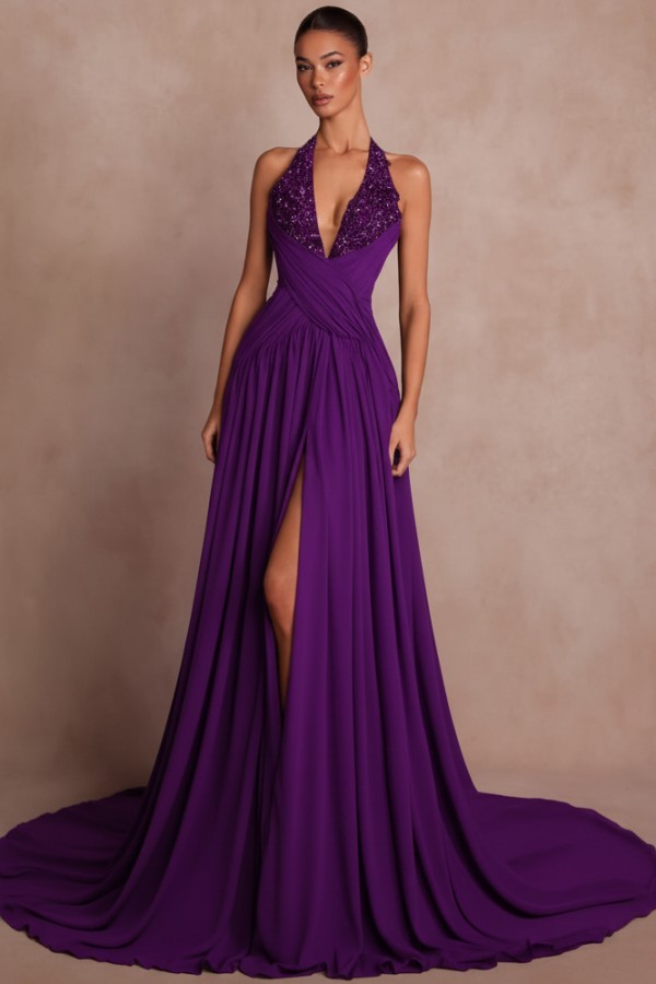 Schlichte Abendkleider Lang V Ausschnitt Chiffon Ballkleider mit Glitzer