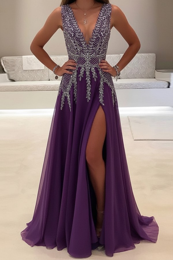 Champagne Abendkleider Lang Günstig V Ausschnitt Tüll Abendmoden Abiballkleider