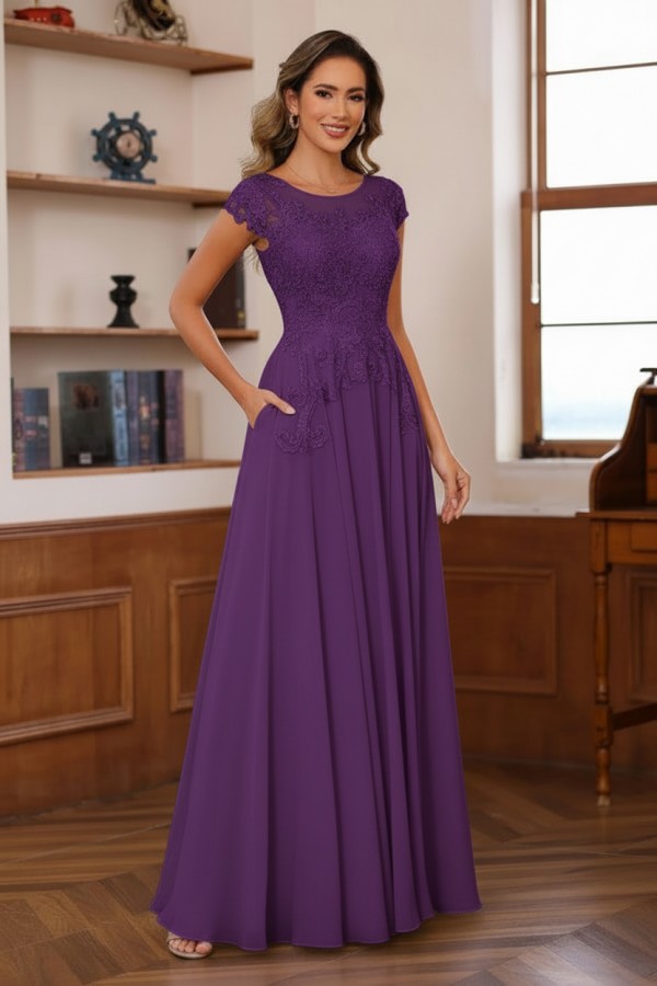 Dusty Blaue Brautmutterkleider Lang Chiffon Partykleid mit Spitze