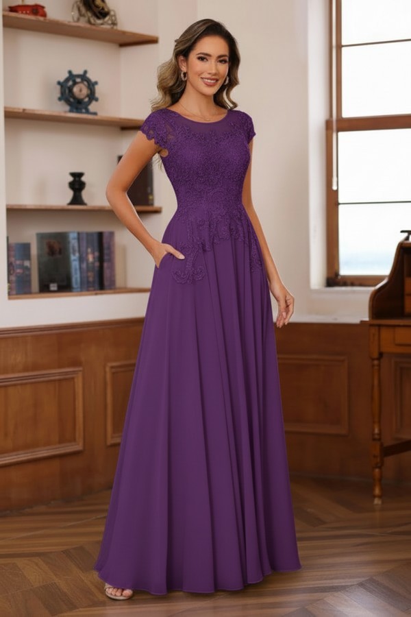 Dusty Blaue Brautmutterkleider Lang Chiffon Partykleid mit Spitze