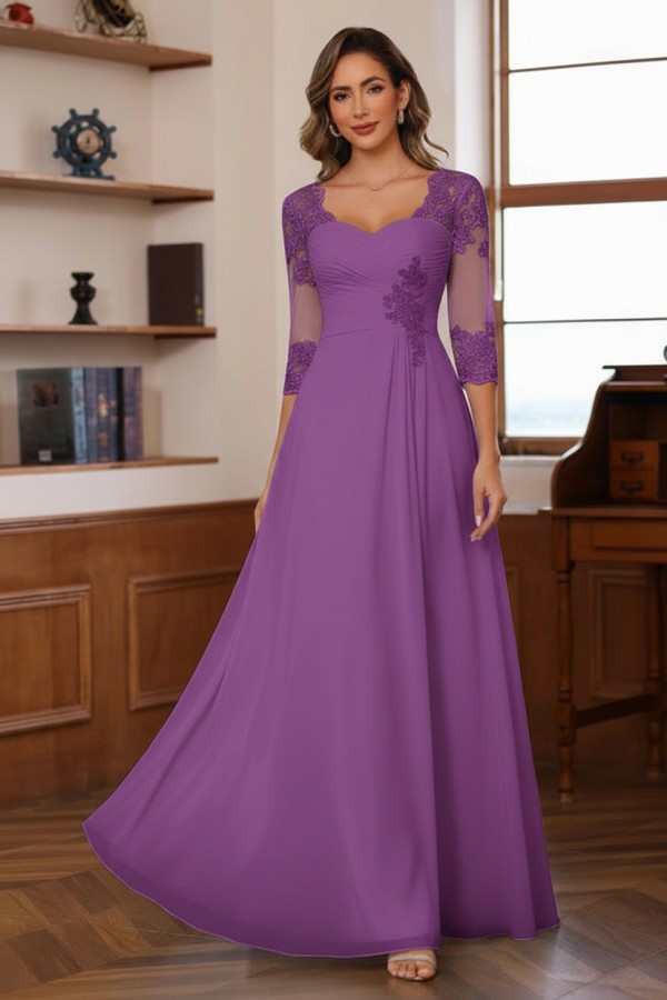 Dusty Blaue Brautmutterkleider Lang Chiffon Hoochzeitspartykleid Spitzenärmel