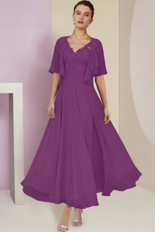 Elegant Rosa Brautmutterkleider Chiffon | Mutterkleider mit V-Ausschnitt