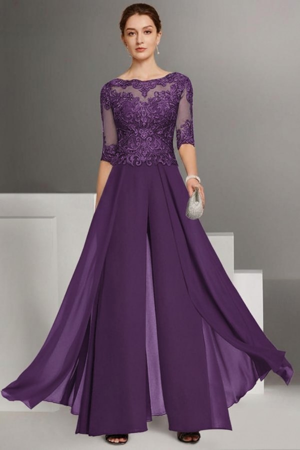 Brau Brautmutter Hosenanzug | Chiffon Brautmutterkleider mit Spitzenärmel