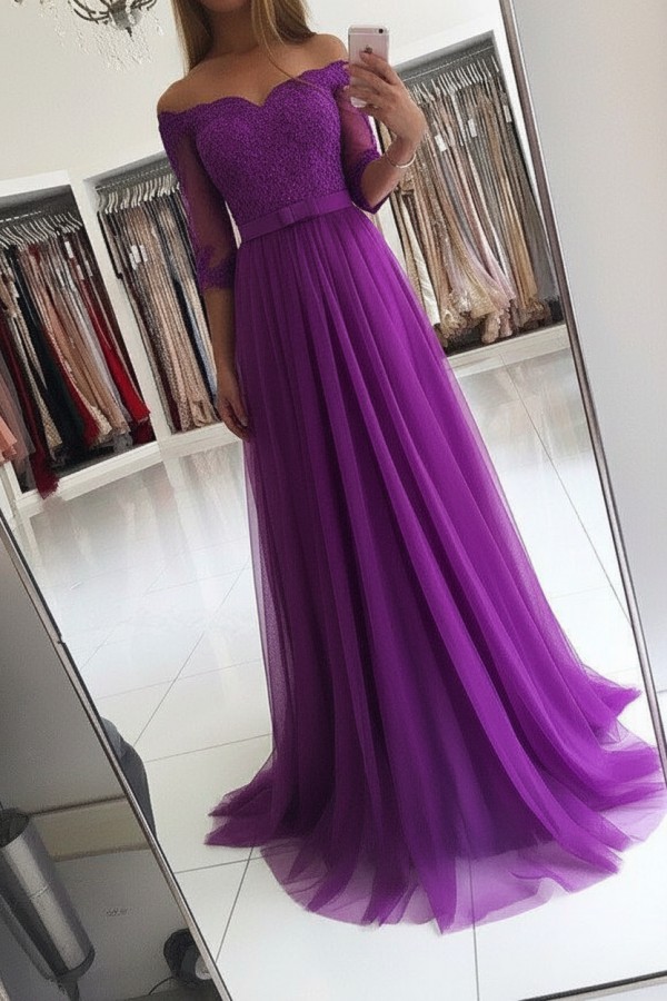 Elegante Abendkleider Lang Rosa Mit Ärmel Abendmoden Spitze Günstig