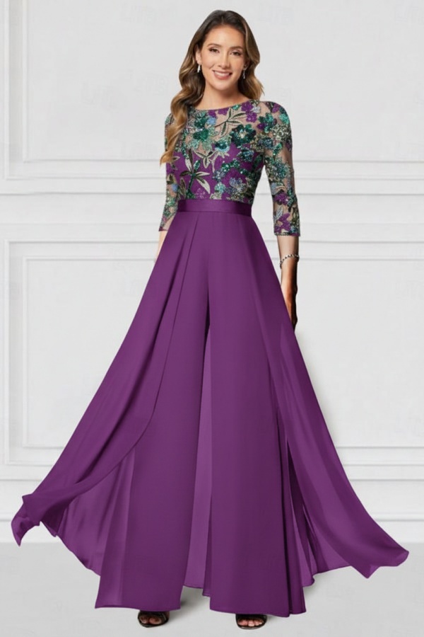 Festliche Hosenanzüge Lang Glitzer | Chiffon Schwarz Brautmutterkleider mit Ärmel