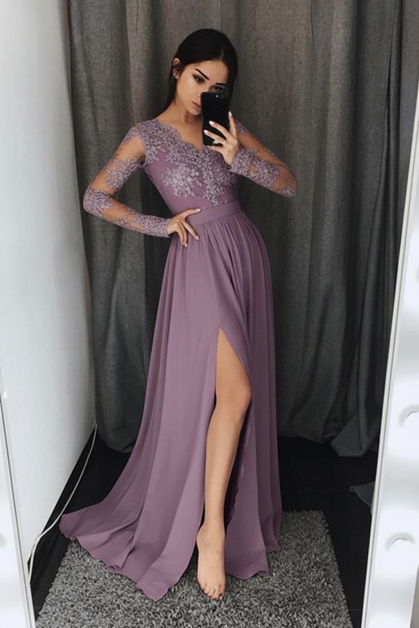 Silber Abendkleider Lang Mit Ärmel Chiffon Abendkleider Spitze Online