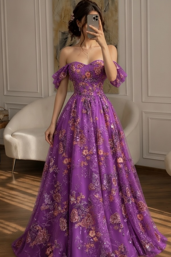 Schöne Abendkleider Lang Glitzer Ballkleider mit Blumen