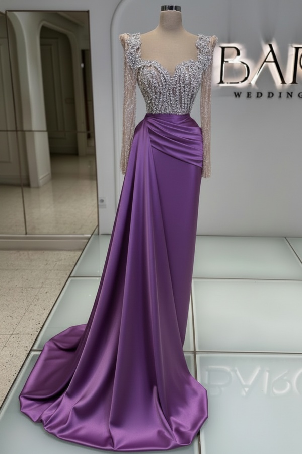Extravagante Abendkleider Lang Purpur | Abiballkleider mit Glitzer Ärmel