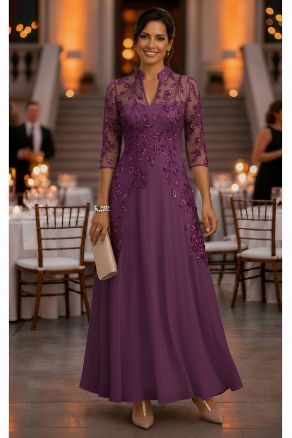 Festliche Kleider Hochzeitsparty Lang Brautmutterkleider Glitzer mit Ärmel