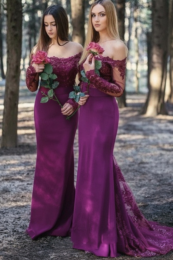 Weinrot Brautjungfernkleider Lang Günstig | Chiffon Spitze Kleider Online