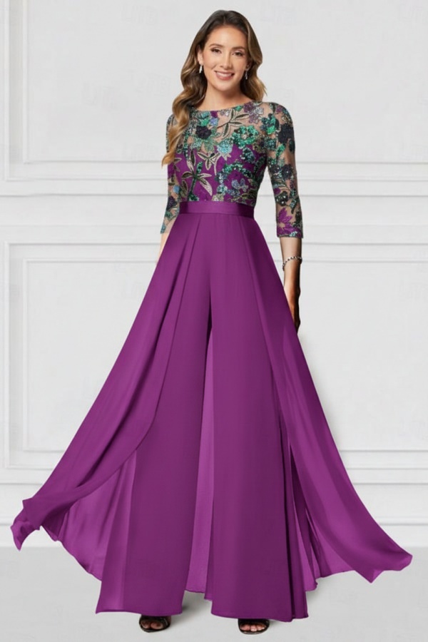 Festliche Hosenanzüge Lang Glitzer | Chiffon Schwarz Brautmutterkleider mit Ärmel