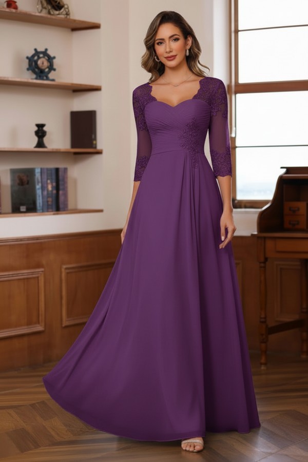 Dusty Blaue Brautmutterkleider Lang Chiffon Hoochzeitspartykleid Spitzenärmel