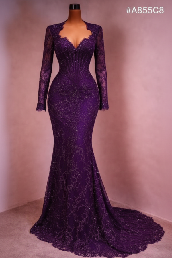 Designer Abendkleid Lang Weinrot Ballkleid Spitze Mit Ärmel