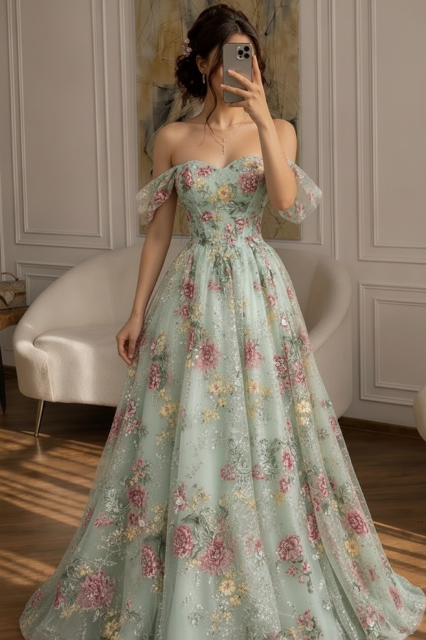 Schöne Abendkleider Lang Glitzer Ballkleider mit Blumen