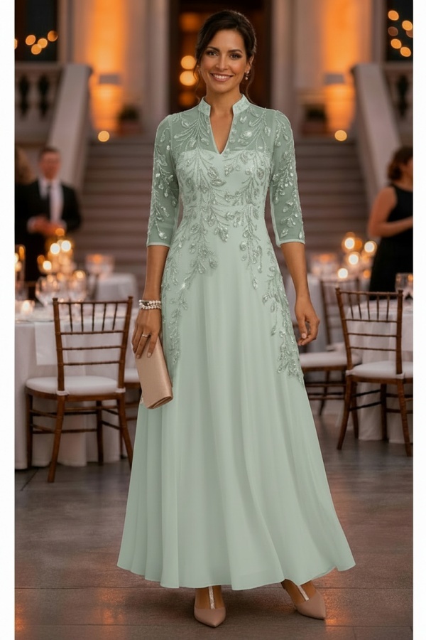 Festliche Kleider Hochzeitsparty Lang Brautmutterkleider Glitzer mit Ärmel