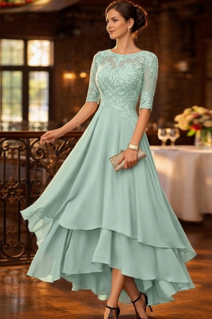 Dusty Blau Brautmutterkleider Kurz Festliche Hochzeitspartykleider Chiffon
