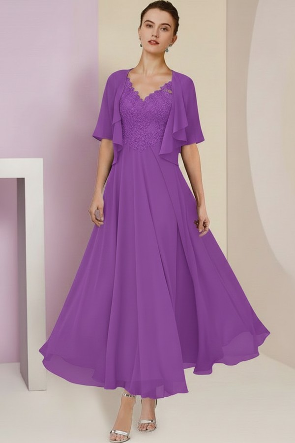 Elegant Rosa Brautmutterkleider Chiffon | Mutterkleider mit V-Ausschnitt