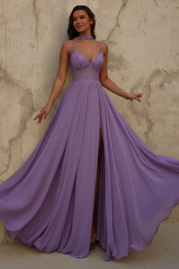 Neue Chiffon Ballkleid Lang Gelb Abendkleider mit Spitze