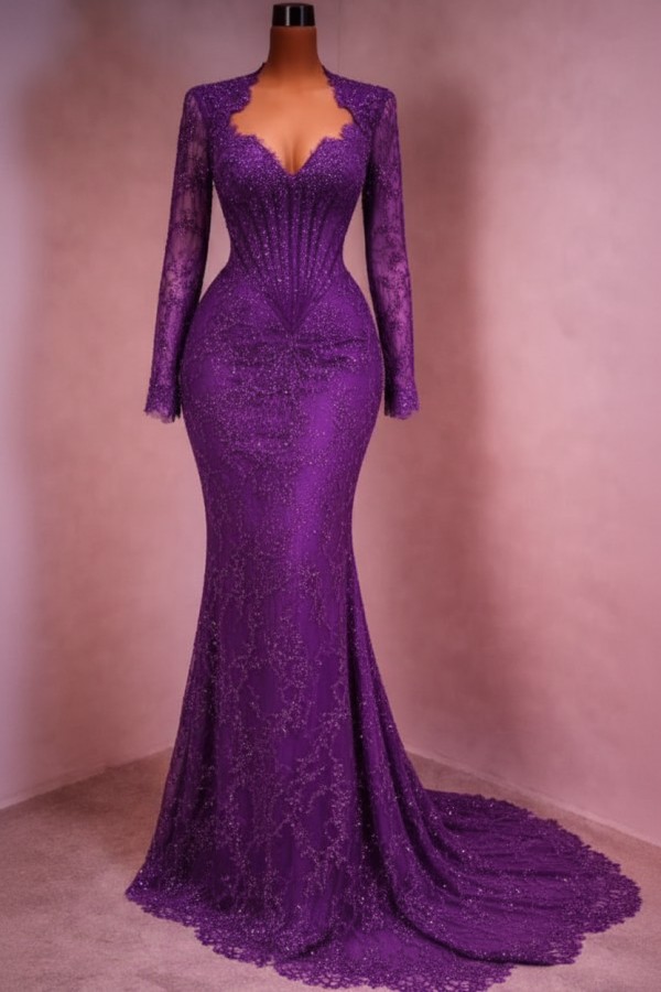 Designer Abendkleid Lang Weinrot Ballkleid Spitze Mit Ärmel