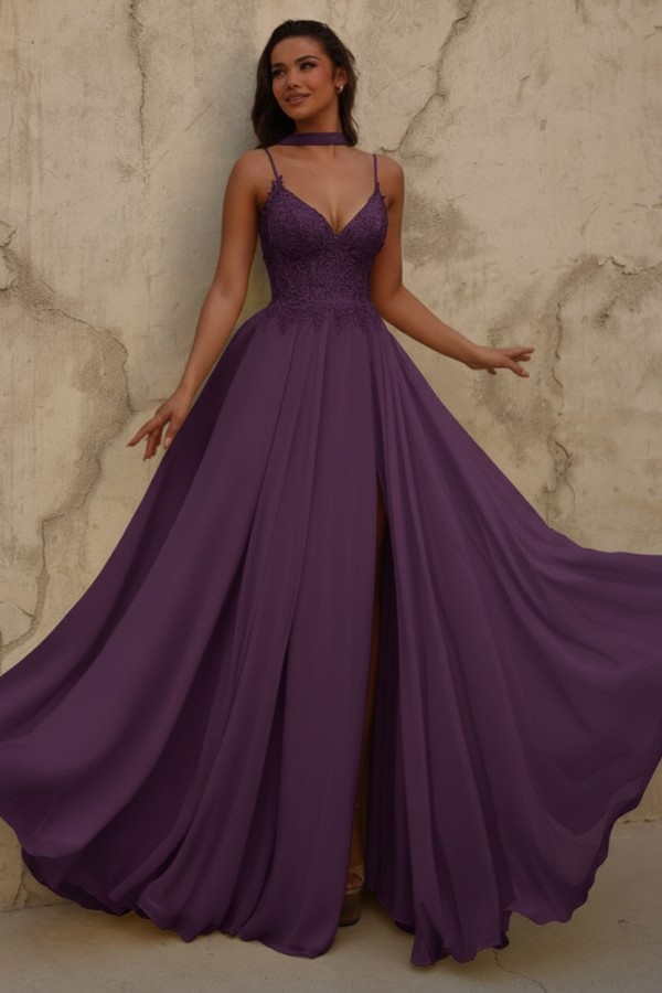 Neue Chiffon Ballkleid Lang Gelb Abendkleider mit Spitze