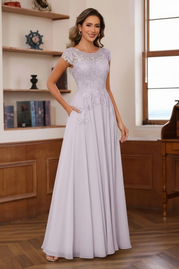 Dusty Blaue Brautmutterkleider Lang Chiffon Partykleid mit Spitze