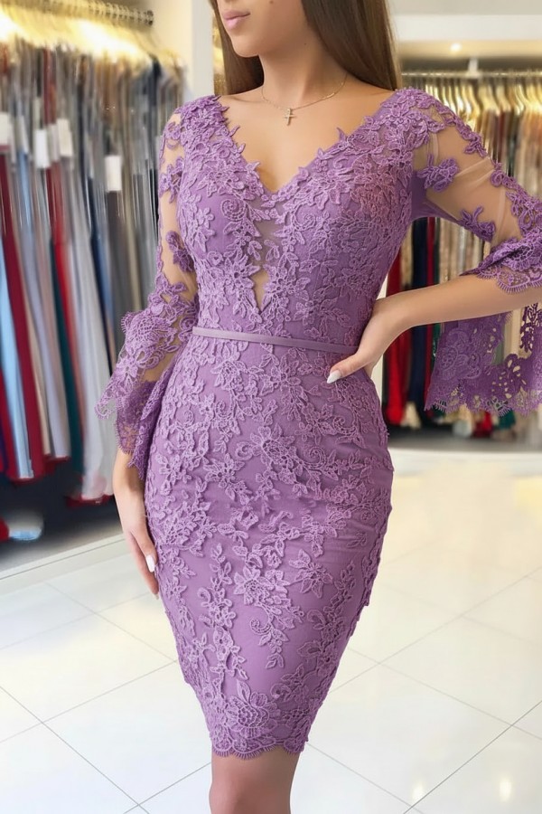 Elegante Purple Cocktailkleider Kurz | Spitze Abendkleider Mit Ärmel