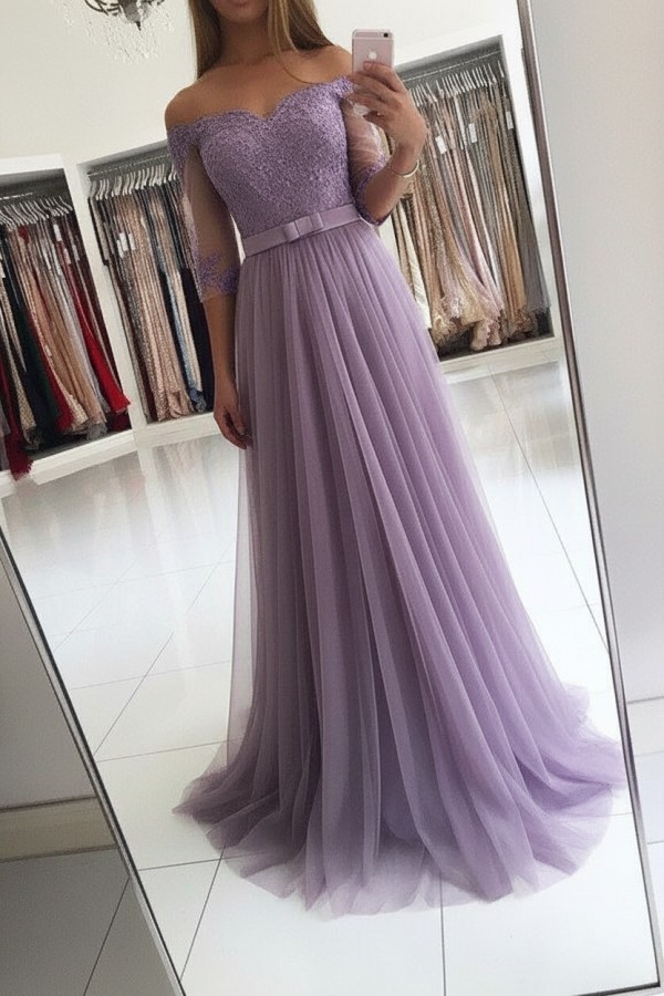 Elegante Abendkleider Lang Rosa Mit Ärmel Abendmoden Spitze Günstig