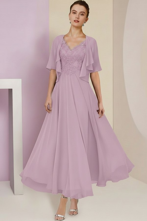 Elegant Rosa Brautmutterkleider Chiffon | Mutterkleider mit V-Ausschnitt
